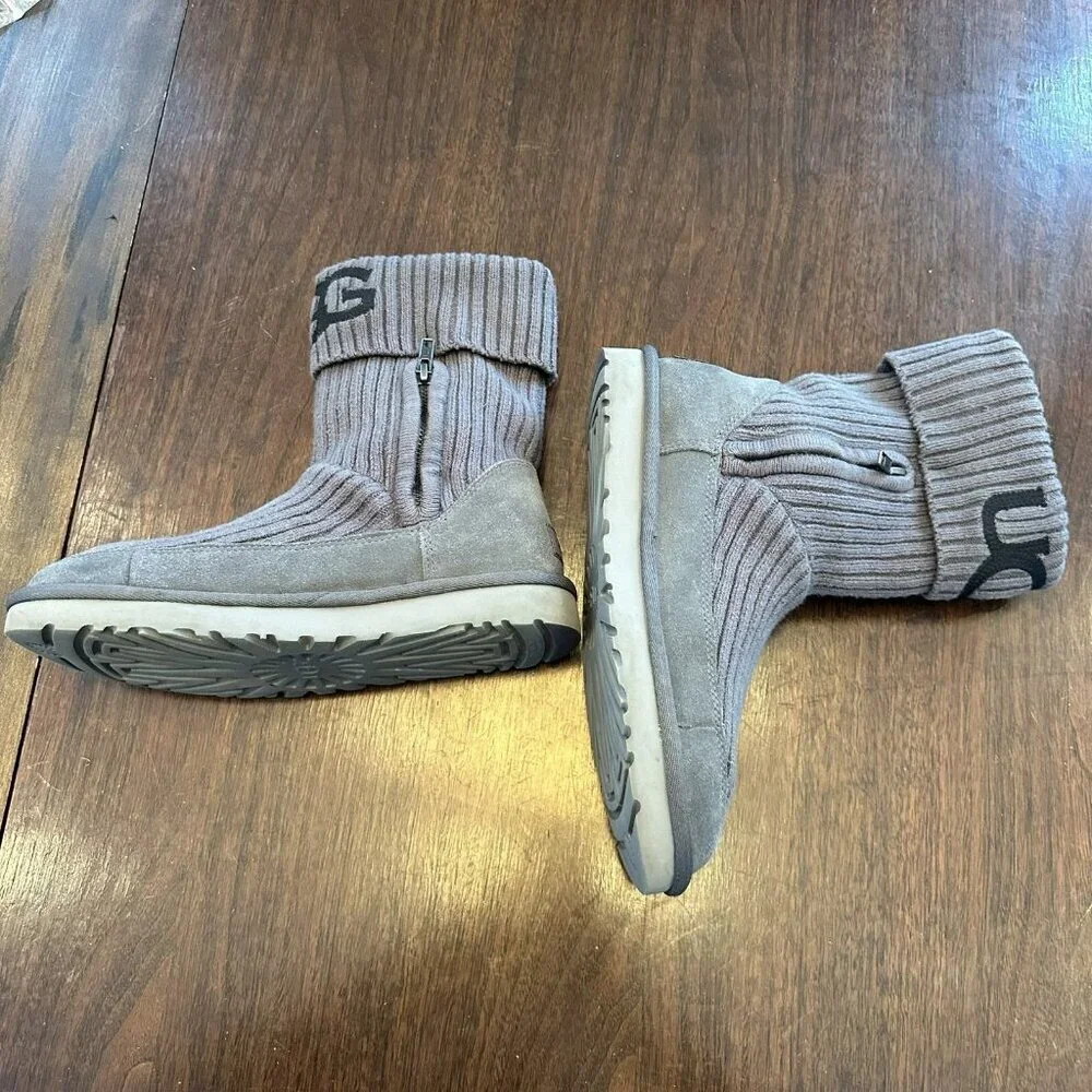 UGG Charcoal Gray Classic Knit & Suede Boots Women’s Size 8